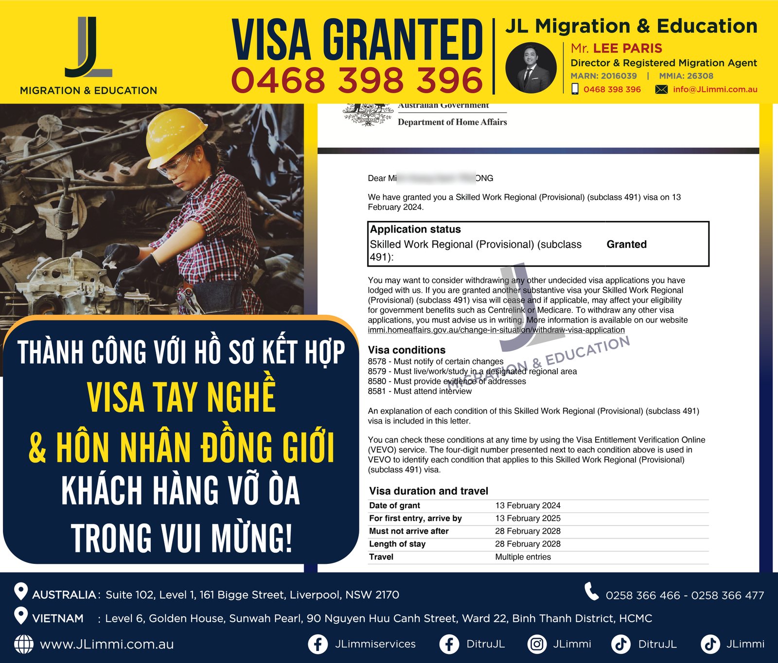 Thành công với hồ sơ kết hợp visa tay nghề và hôn nhân đồng giới